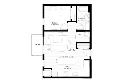 Floor plan for 1 bed, 1 bath, 688 sqft